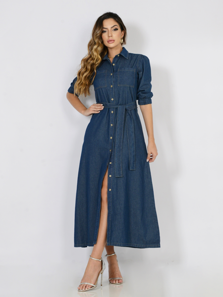 VESTIDO CHEMISIER JEANS COM FAIXA